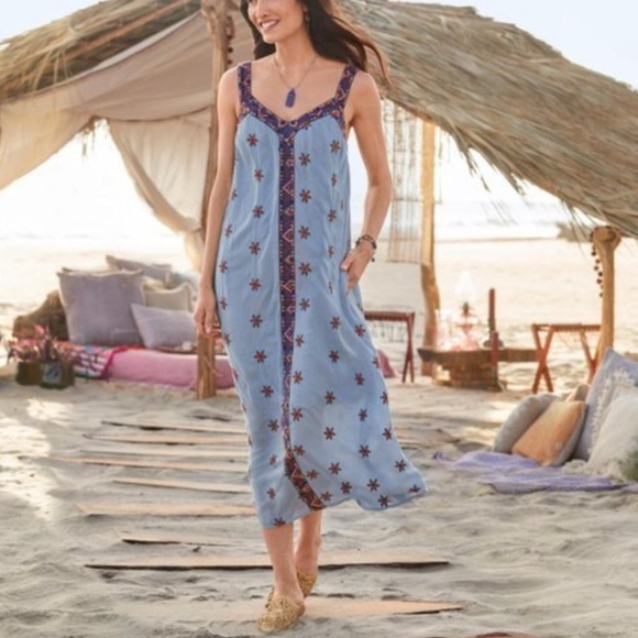Sundance Blue Boho Wandering Soul Embroidered Midi Sleeveless Dress MP - Picture 1 of 12